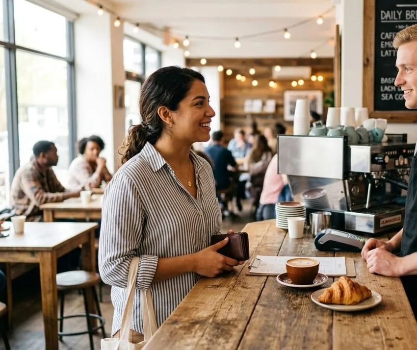 Mujer hispana sonriendo mientras pide con confianza en un café en Estados Unidos